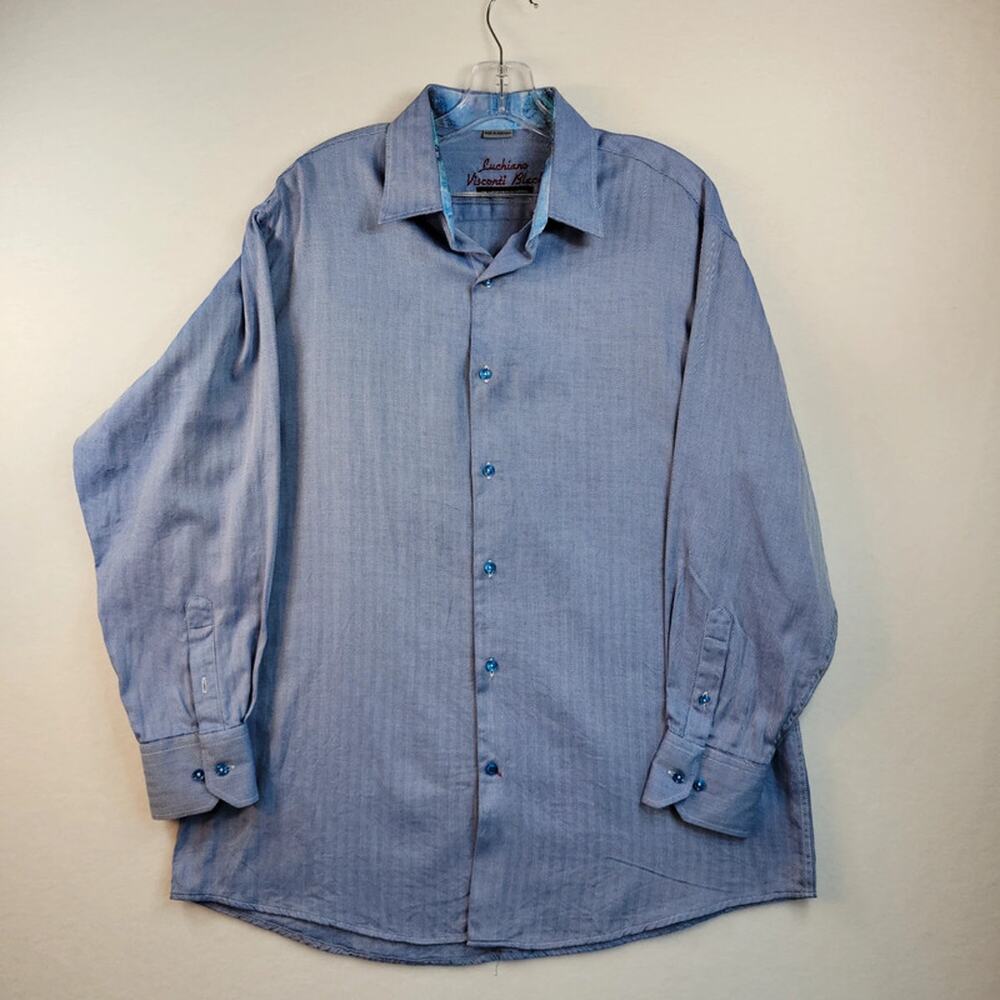 Luchiano Visconti Black Button Down Shirt Blue with White Pinstripe Size L